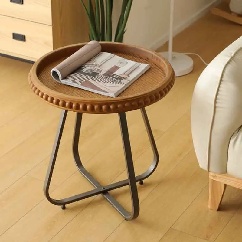 

Solid Wood Rattan Woven Coffee Table, Living Room Sofa Side Table, Round Iron Tea Table, Creative Storage Desk, Modern Furniture