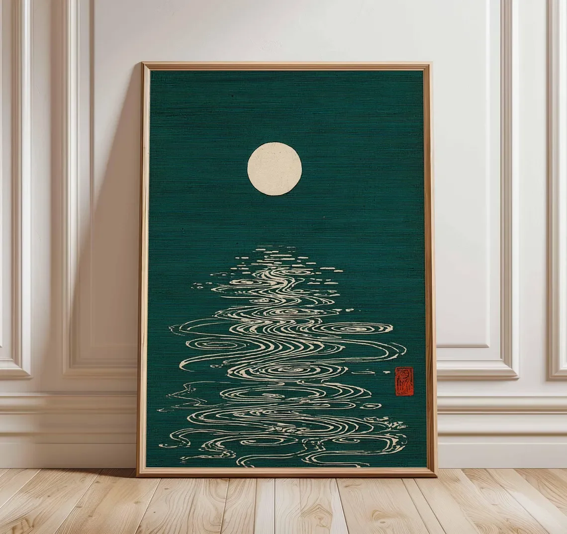 2D Flat ,Frameless,Serene Moon Water Reflection Wall Art - Timeless Japanese Print Evoking the Calm of a Moonlit Night, with Flu