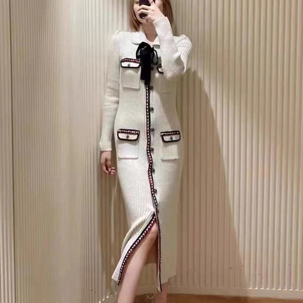 Elegant Lady Knitted Solid Slim Dress Casual Lapel Long Sleeve Spring Dresses 2022 Vintage Four Pocket Knit Vestidos for Women