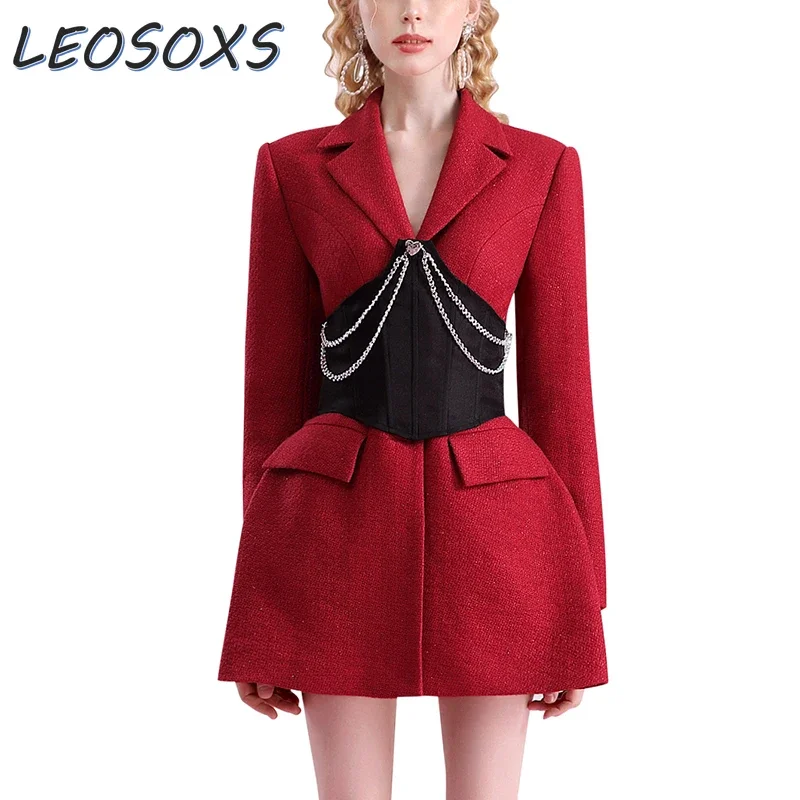 LEOSOXS vestito rosso vestito da donna 2024 inverno nuova catena sigillo in vita temperamento professionale vestito da pendolare riunione annuale