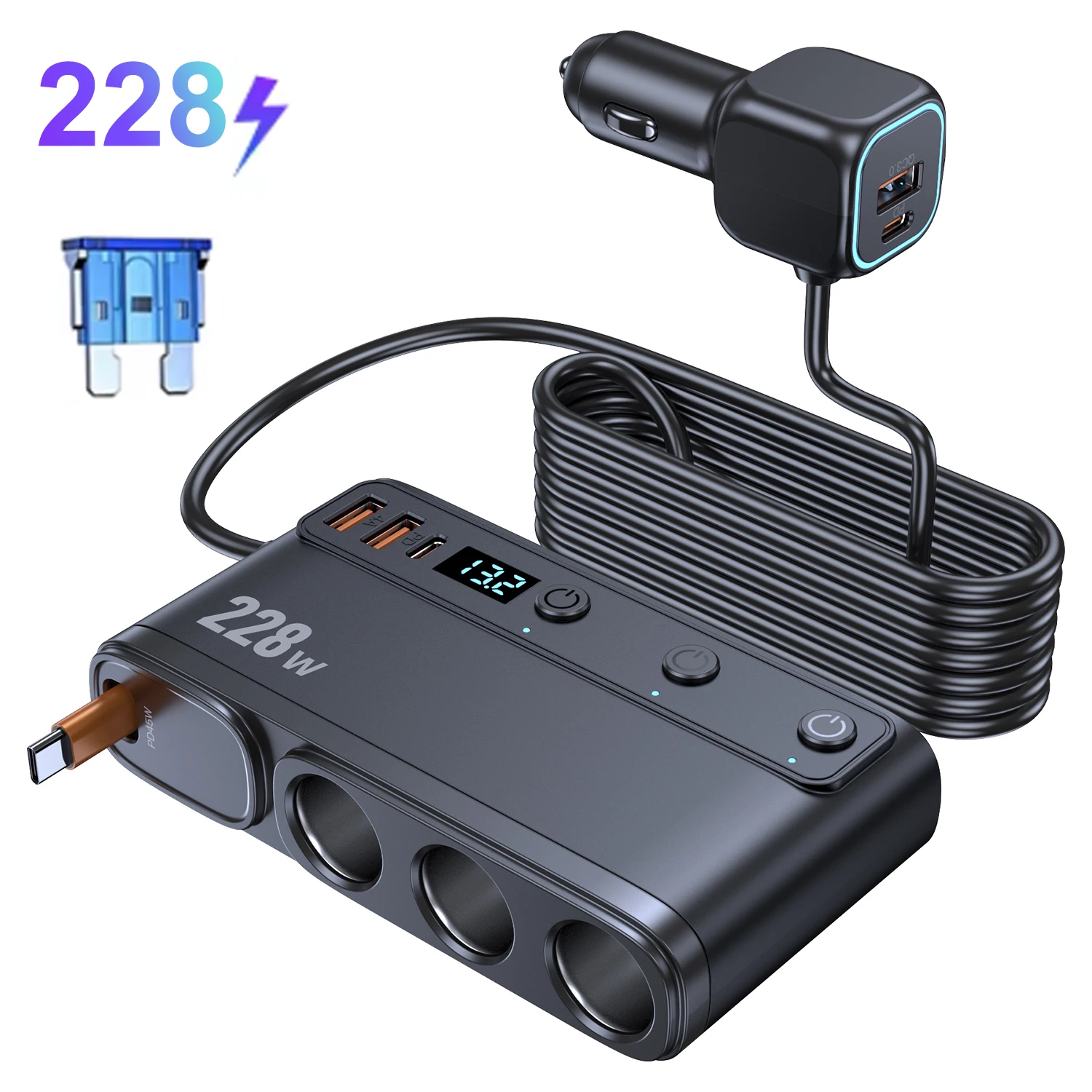 

228W 9 in 1 Car Charger Adapter Charge Independent Switches PD36W/45W QC3.0 18W 3 Socket Cigarette Lighter Splitter with Voltage