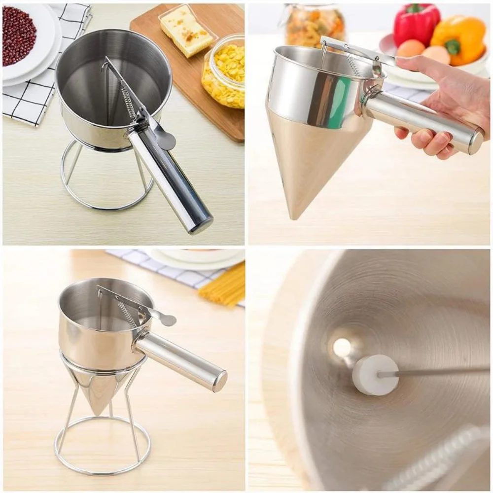 600/1200ML Oil Bucket with Holder Stainless Steel Funnel Dispenser Cupcake Pancake Batter Octopus Ball Kitchen Baking Tool