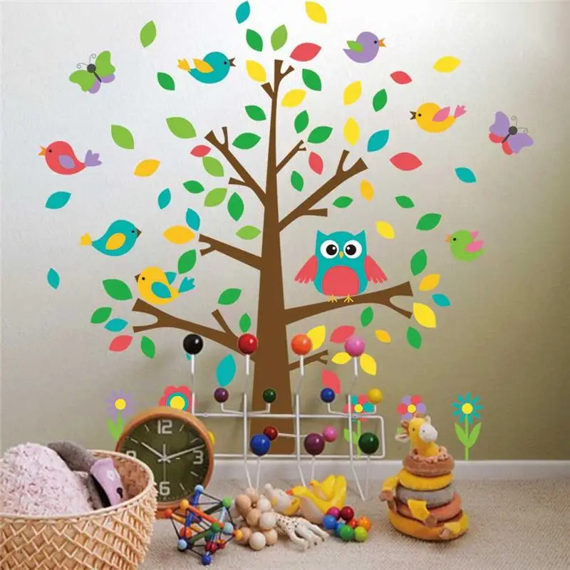 Lovely Owlet Birds Colorful Tree Wall Sticker For Kindergarten Kids Room Bedroom Home Decor Cartoon Wall Mural Art Pvc Decal