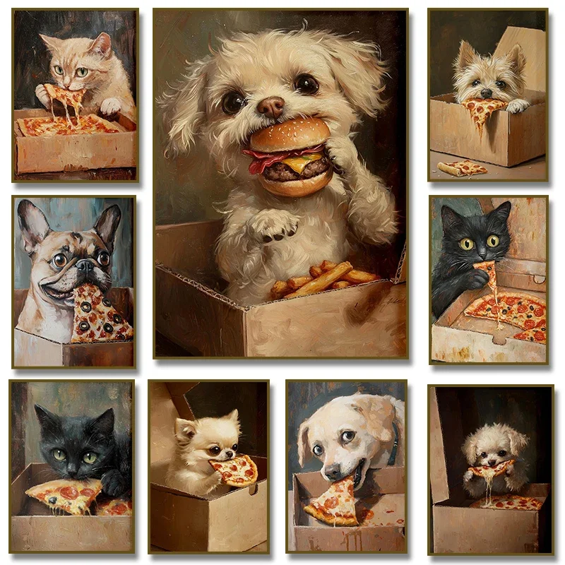 Multiple sizes 1pc frameless Canvas Painting Cute Cat Dog Eating Pizza  Burger Poster Art Print, Funny Canvas Painting Wall Art