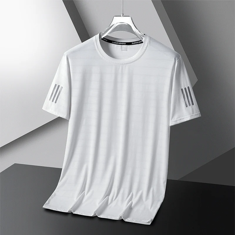 NASA GISS breathable ice silk T-shirt for men's summer quick drying short sleeved men's round neck loose high elastic quick dryi