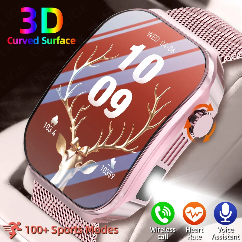 

LIGE New Women Smart Watch Men 3D Curved Screen 2.2inch Bluetooth Call Heart Rate Health Monitor AI Voice Waterproof Smartwatch