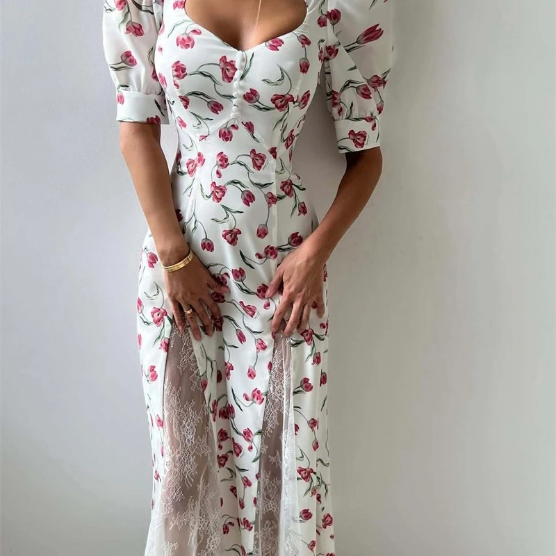 Elegant High เอวดอกไม้พิมพ์ชุดยาวเซ็กซี่ Hollow OUT ชุดลูกไม้สําหรับผู้หญิงฤดูร้อนพัฟแขนวันหยุดชุด 2025