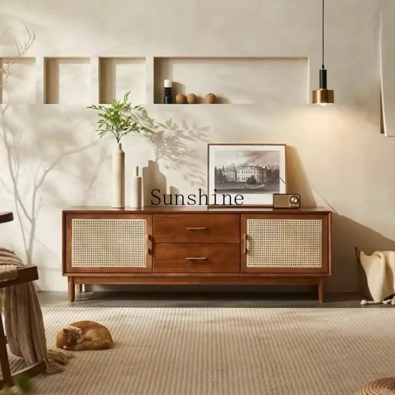 

Solid wood rattan TV, Nordic living room small apartment, simple homestay creativity, storage, storage cabinet