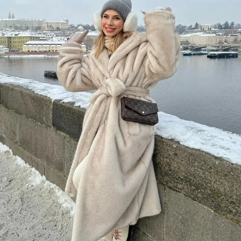 

For Lady Soft Eco Fur Female Outwear Lace Up Winter Women Mink Fur Jacket Fluffy Hooded Pockets Long Faux Fur Jacket