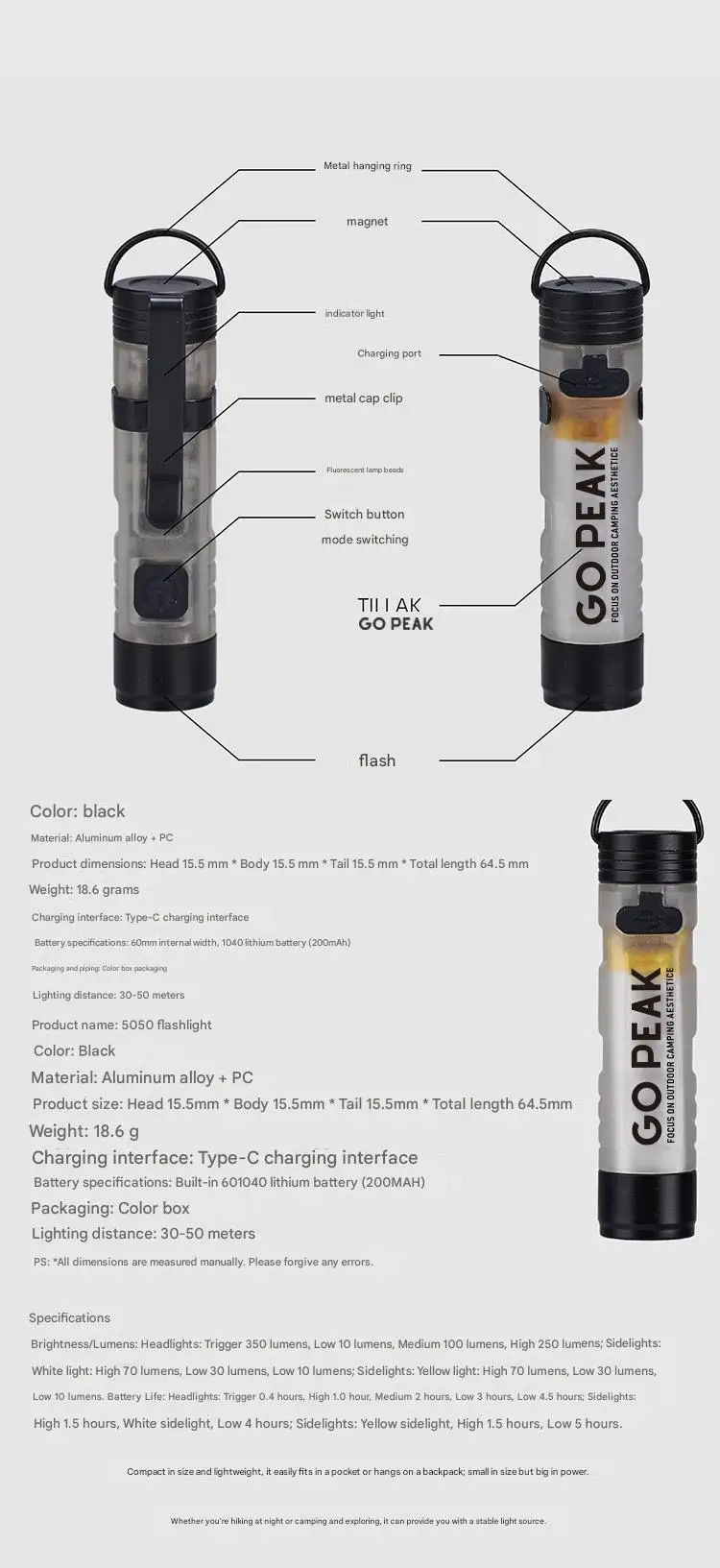 GOPEAK Taschen-Mini-Taschenlampe für den Außenbereich, Schlüsselclip-Kappe, Umgebungs-LED, lange Lebensdauer, Katastrophenhilfe, Notfall, 5050, kleines Licht – Detail 8