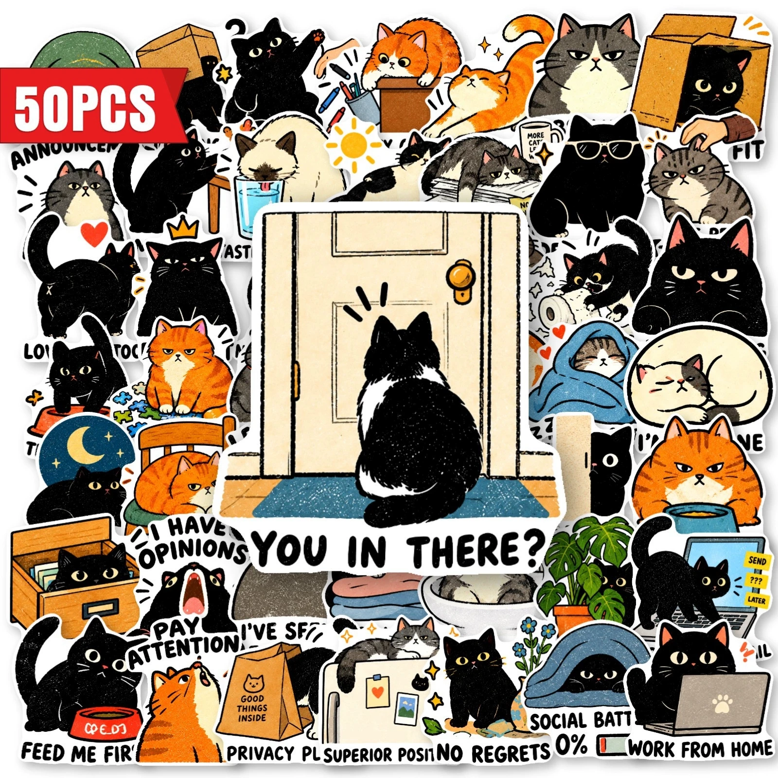 50pcs Funny English Cartoon Cat Graffiti Stickers – Goofy Office Meme Cat Waterproof Stickers