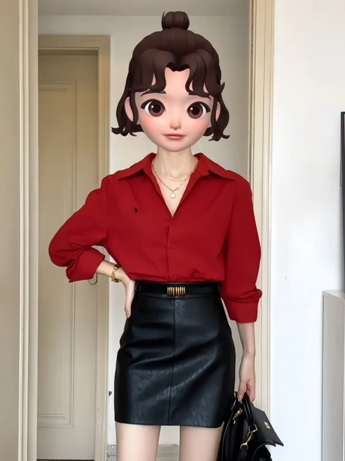 

Retro Ankle-Length Red Long Sleeve Shirt Women's Elegant Versatile Slimming Top for Autumn Season Collar Button Detail