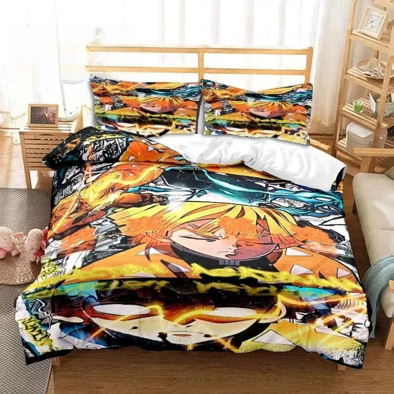 New 3D Anime Agatsuma Zenitsu Demon Slayer Bedding Set Single Twin Full Queen King Size Bed Set Aldult Kid Bedroom Home Textiles