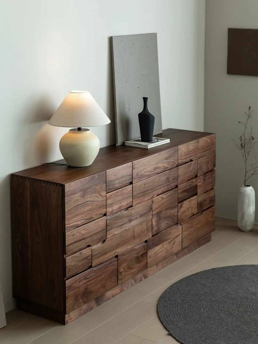 Black walnut nine-chest cabinet, bedroom, living room TV cabinet, solid wood multi-bucket storage, bedside cabinet