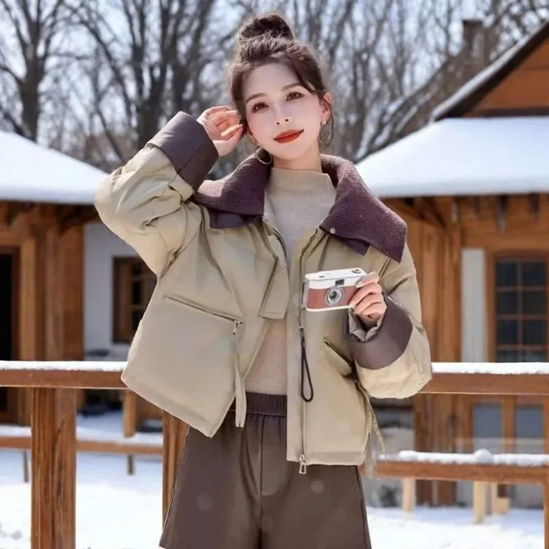 

Women Short Cotton Coat Parkas Fashion Autumn Winter Down Cotton Jacket Knit Lapel Collar Windproof Warm Overcoat Thicken
