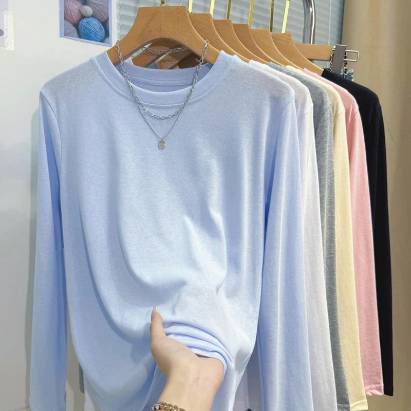 2026 Frühling Sommer Leichtes Eisseide Langarm-T-Shirt Locker Lässig Vielseitig Sonnenschutz-Shirt Einfarbig Rundhals-Oberteil
