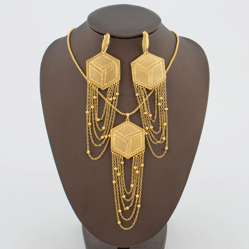 Dubai Weddings Luxury Jewelry Set Square Design Earrings and Necklace Gold Color Drop Earrings and Choker Necklace Jewellery Set