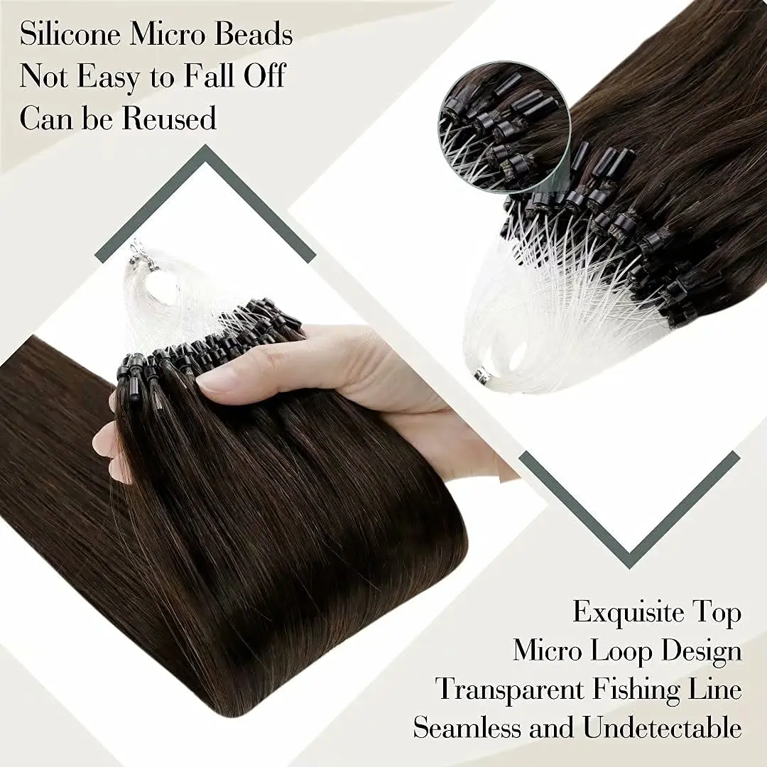 Micro Loop Hair Extensions 16-26 Inch 100% Remy Human Hair Extensions Straight Micro Ring Dark Brown #2 Color For Women 50 100g