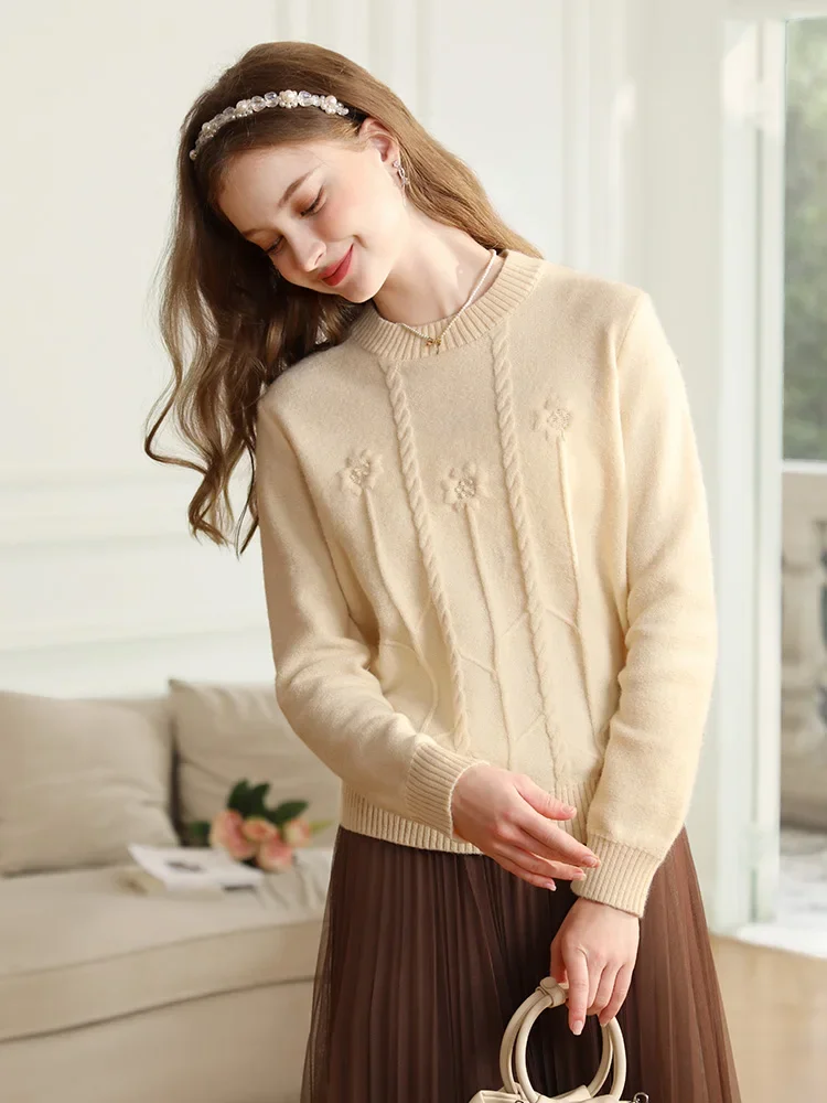 I BELIEVE YOU Soft Lazy Jacquard Round Neck Sweater For Women 2023 Winter Sweet New Knitted Cozy Pullover Straight 2234125184