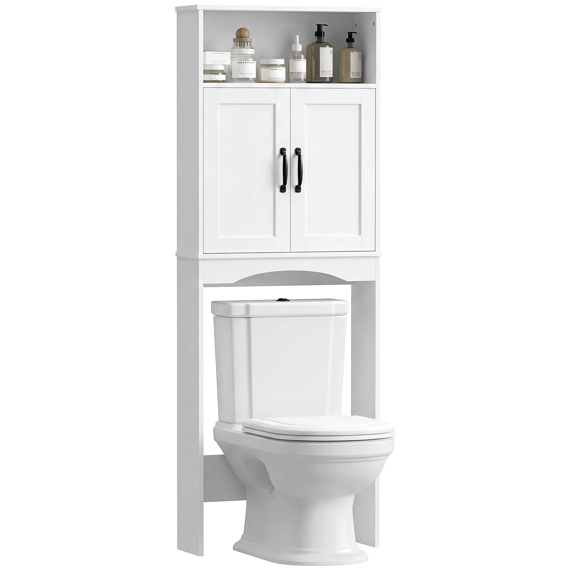 HOMCOM Mueble sobre Inodoro, Armario sobre Inodoro, Mueble de Baño con 2 Puertas de Cierre Silencioso, Estante Abierto para Lavanderías, Espacios Pequeños, 64x21x173,5 cm, Blanco