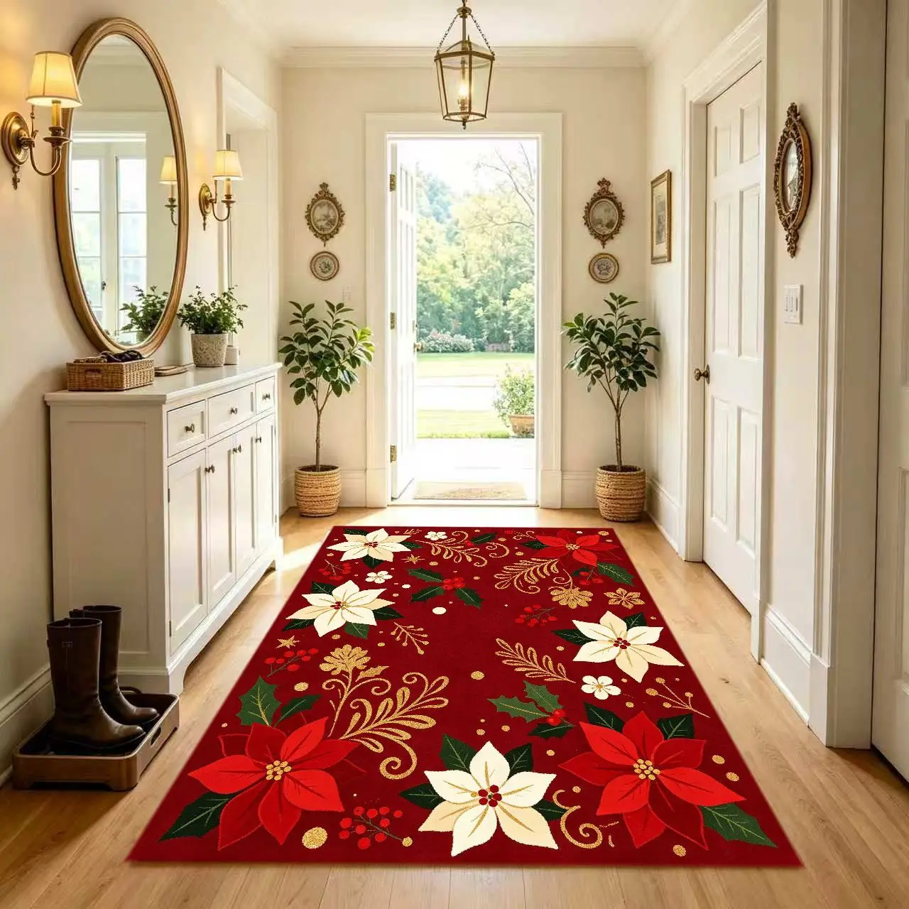 1pc 2D Flat Christmas Poinsettia Floral Printed Floor Mat, Decorative Rug for Living Room, Bedroom, Home