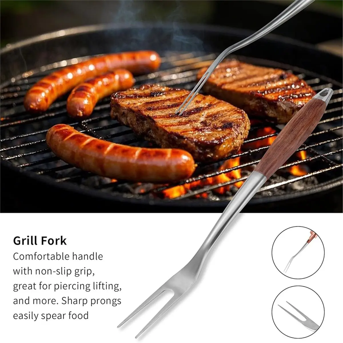 3pcs Grilling Accessories Wooden BBQ Grilling Tools Set,Outdoor Grill Set with Spatula,Fork,Tongs,Essential Accessories