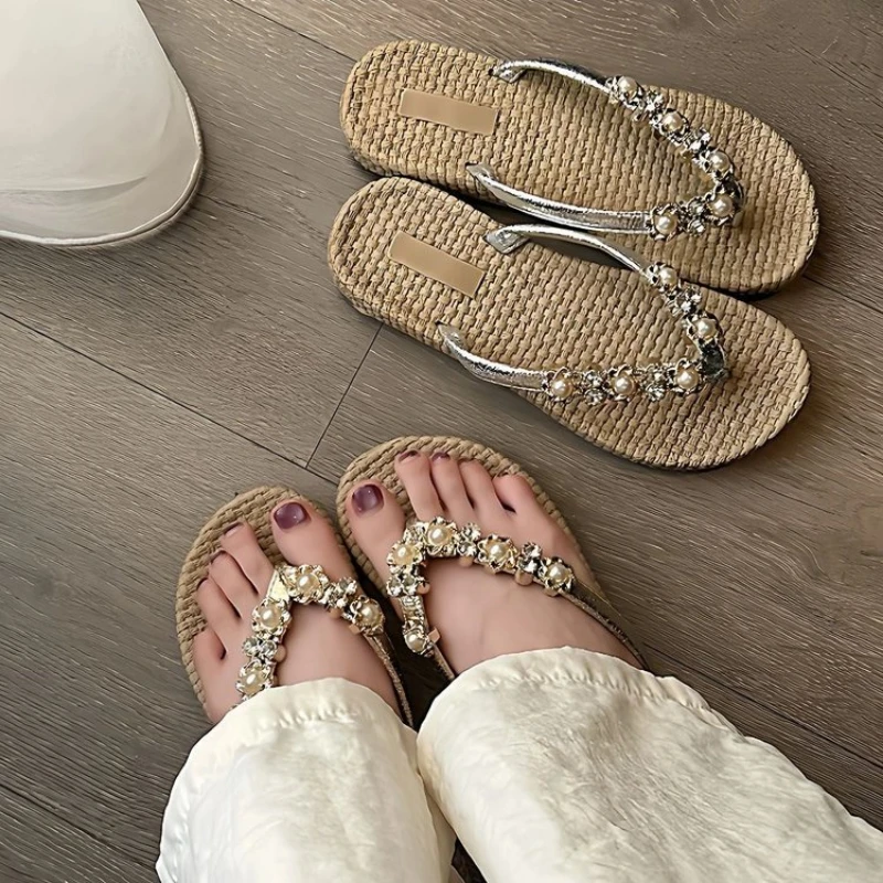Women Rhinestone Pearl Straw Flip Flops Boho Crystal Jeweled Flat Thong Sandals Chic Woven Sole Plus Size Vacation Beach Shoes view 2