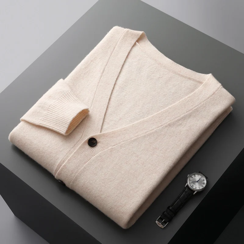 100% merino wool men's cardigan cashmere sweater autumn and winter new knitted coat solid color long sleeve high quality coat