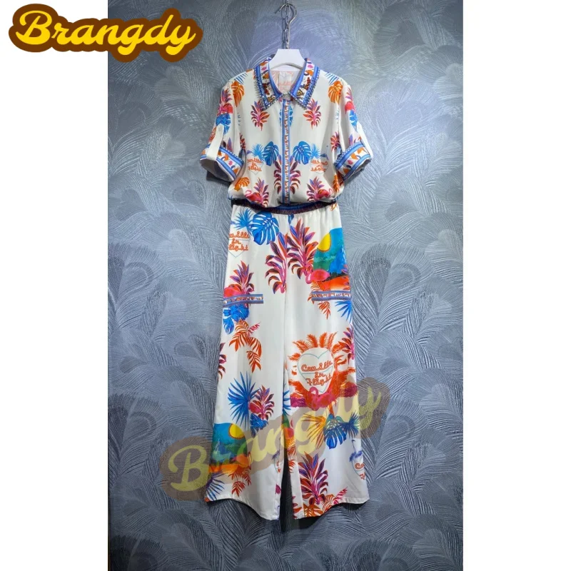 

Brangdy Luxury 2023 Spring New Lapel Printed Shirt with Trousers Suit