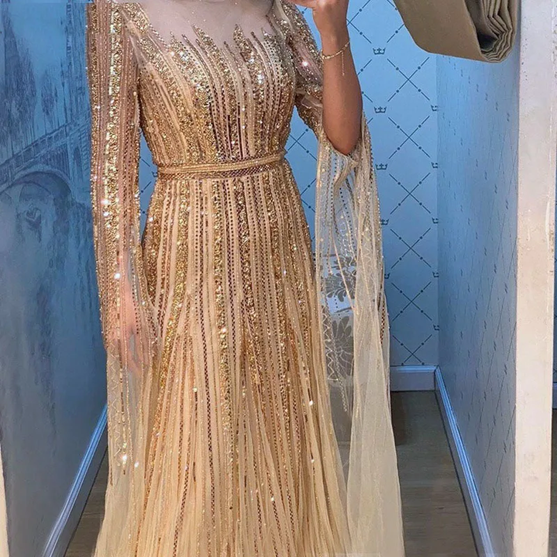 Luxury Beaded Dubai Prom Dresses with Cape Saudi Arabia Evening Dress Muslim Formal Dress Full Cover Long Sleeves Prom Gown