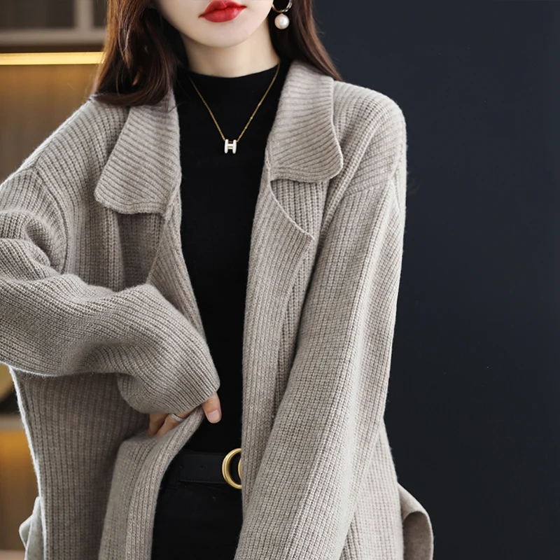 Autumn And Winter 100% Pure Wool Cardigan Mid-Length Coat Knitted Sweater Women\'s Thickened Sweater With Pockets Overcoat JQ186