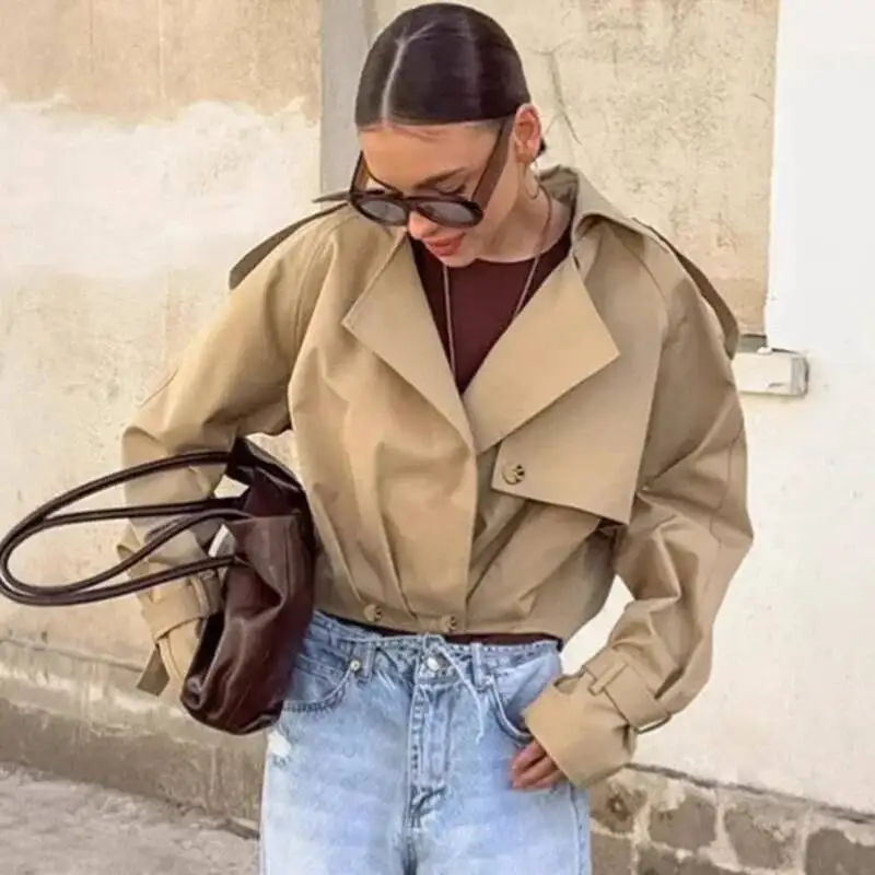 

2026 Autumn Short Jacket Coat Women's Suit Collar Double Breasted Casual Streetwear Coats Fashion Splice Female Jackets