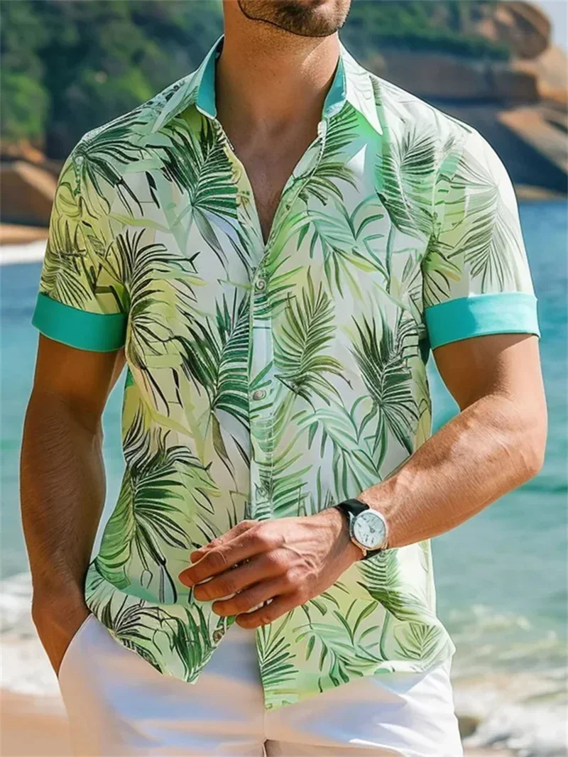 Men's Personalized Custom 3D Flower and Bird Shirt Short-sleeved Lapel Button Hawaiian Beach Outdoor Shopping Fashionable Thin