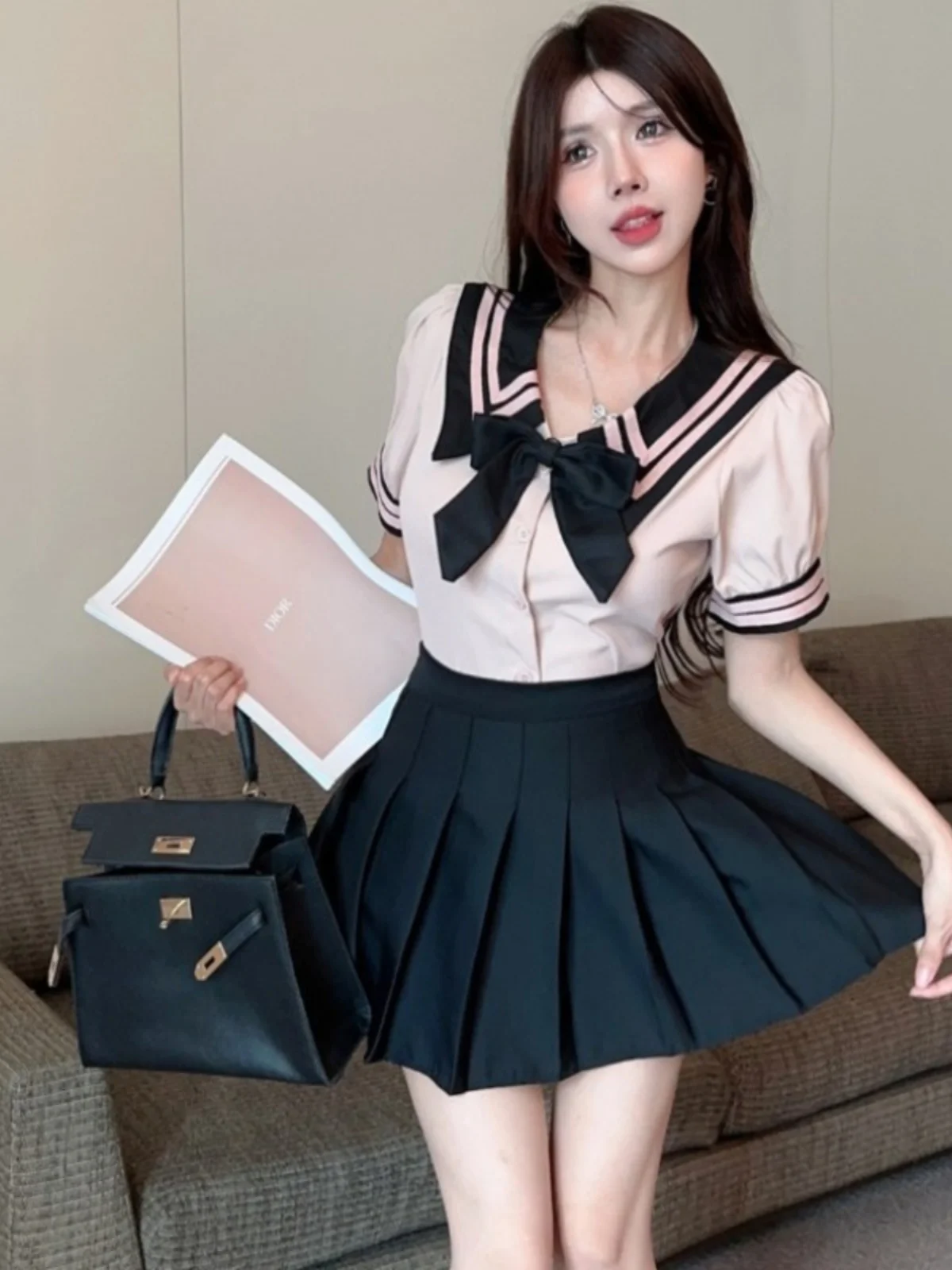 طقم زي مدرسي للبنات بأسلوب حلو، زي JK للنساء، قميص صيفي قصير الأكمام مع تنورة عالية الخصر، طقم من قطعتين