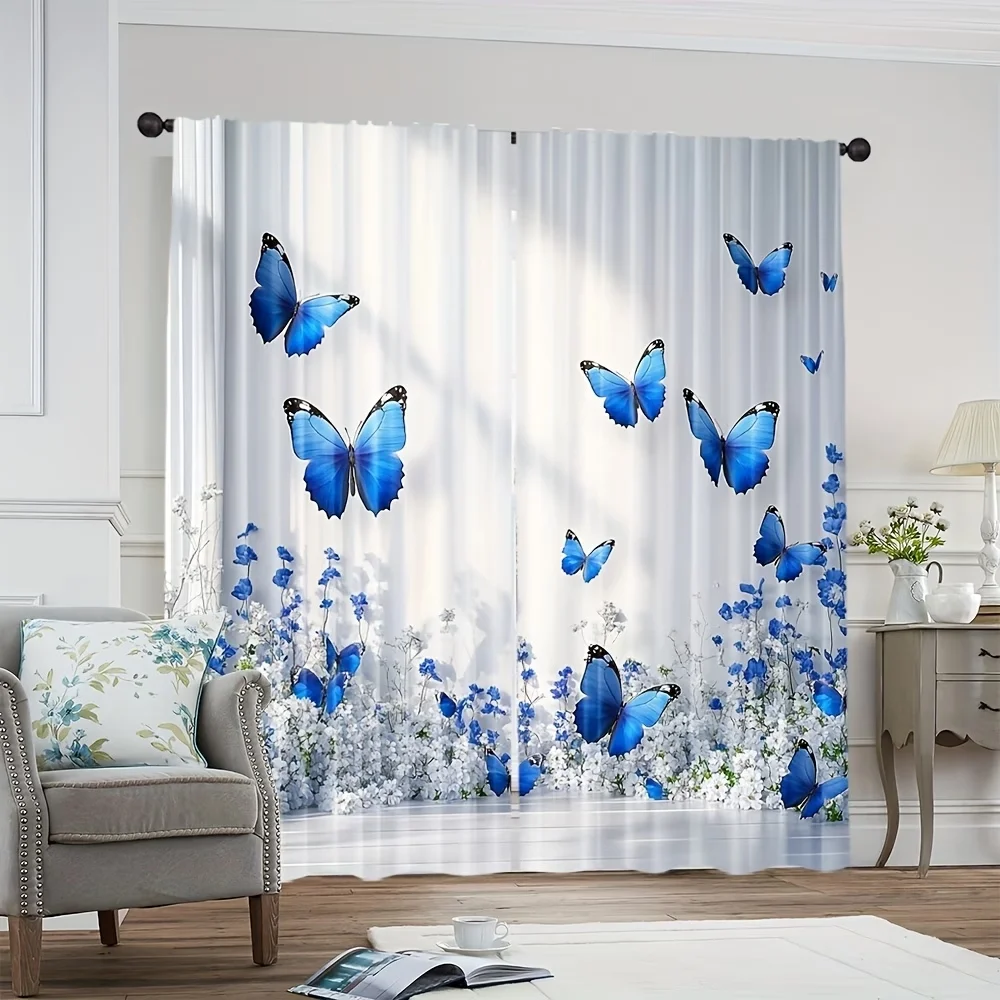2PCS Digital Printed Curtains, White Flower Blue Butterfly Pattern, Stylish Window Treatment for Living Room Bedroom Decor