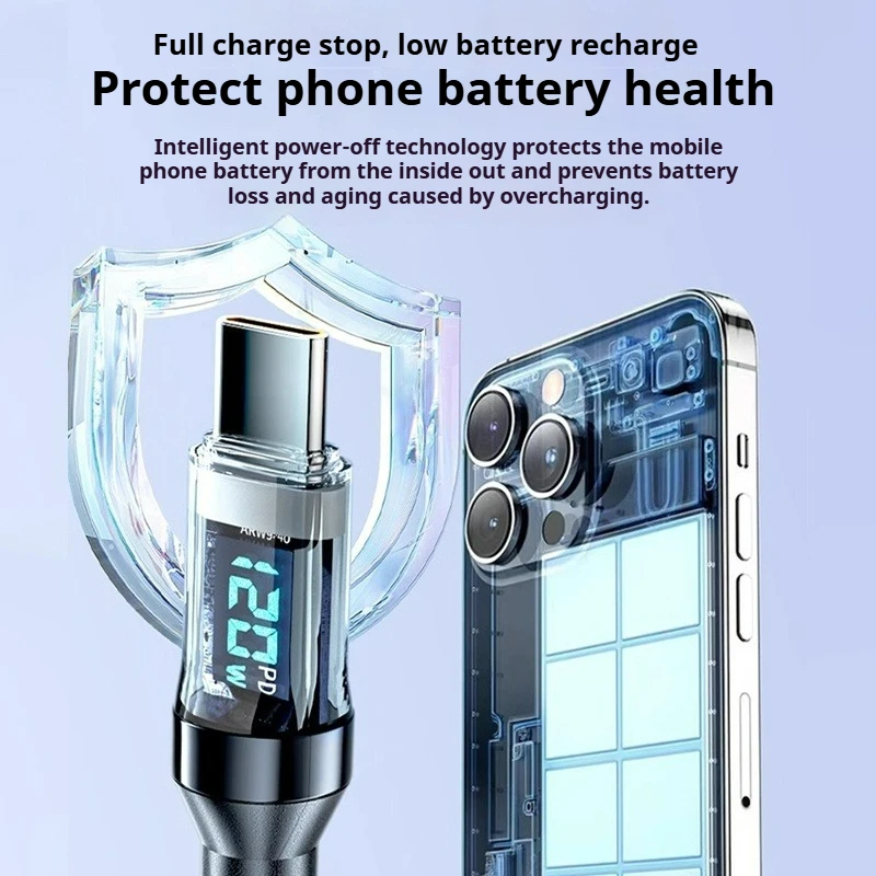 كابل شحن سريع ذكي 60 وات 120 وات شاشة LED USB C إلى C متوافق مع OPPO Find X Vivo Y Series iPhone 15 Huawei MacBook #3