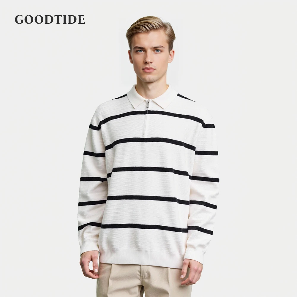 

Autumn New Fashion Men's Turn-down Collar Half Zipper Long Sleeve Pullovers Men Clothing Striped Knitting All-match Chic Tops