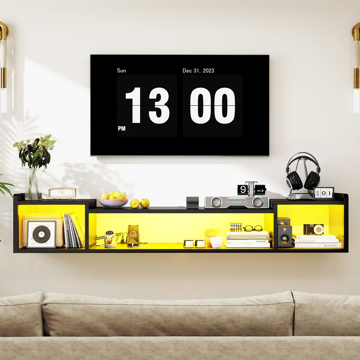 Floating TV Stand With LED Lights, Wall Mounted Media Console, Wooden Storage Entertainment Shelf For Living Room & Bedroom