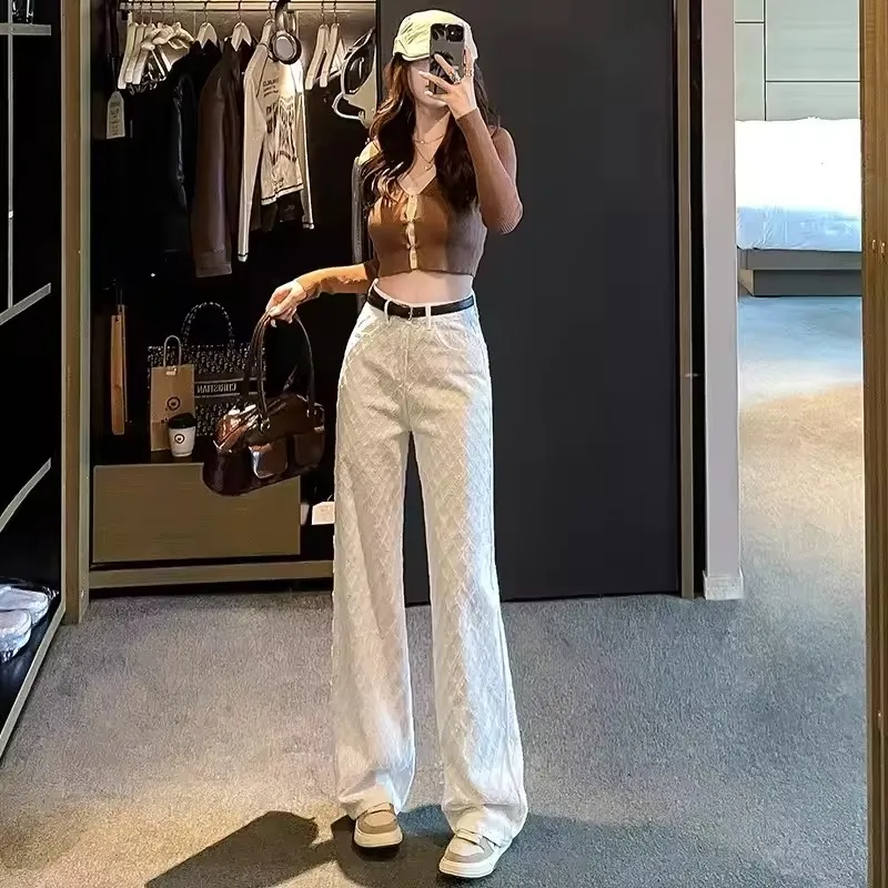 White Wide Leg Jeans Women's Spring Casual Trousers New Embroidery High Waist Loose Slimming Floor-Length Straight Pants Denim