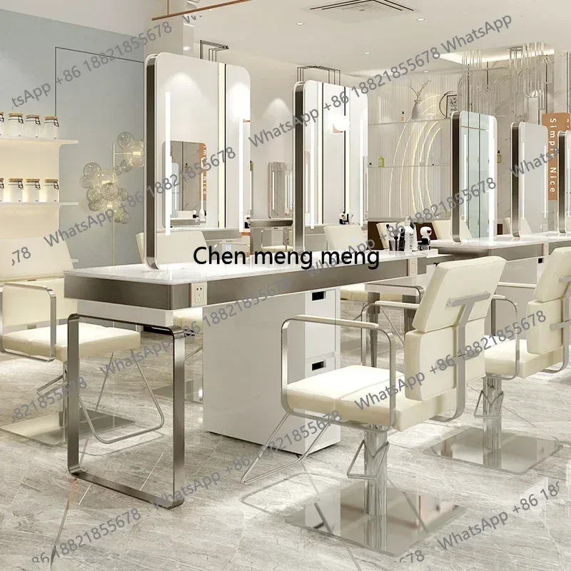 Integrated LED Salon Office Mirror Table Dedicated Cutting Dyeing Barber Chair Single Sided Silla Giratoria Hair Salon Furniture