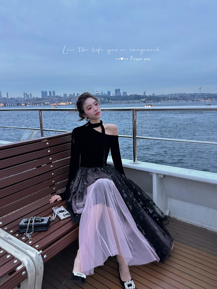 

ZQ Ele Velvet Evening Dr Women's Autumn Winter Sle A-Line Skirt Long Sve Polyester Fiber Net Lace Patchwork