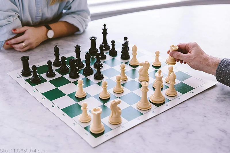 Tournament Chess Set 90% Plastic Filled Chess Pieces and Green Roll-up Vinyl Chess Board Game