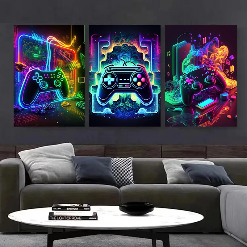 Neon Game Gamer Gaming Poster Modern Canvas Painting Wall Art Pictures Decoration Kawaii Room Decor Play Game Poster Gift No LED