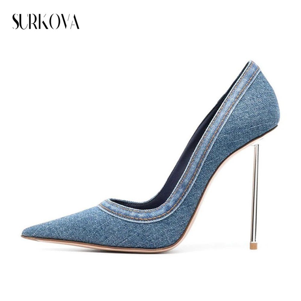 

Solid Denim Stilettos Pumps Pointed Toe Shallow Sexy High Heels Metal Thin Heel Runway Shoes Dress Shoes Summer Women Shoes New