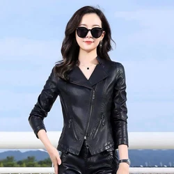 새로운 부녀 가죽 재킷 가을 겨울 유행 입령 단색 지퍼 모토 재킷 날씬하다 양가죽 짧은 자전거 코트 여성