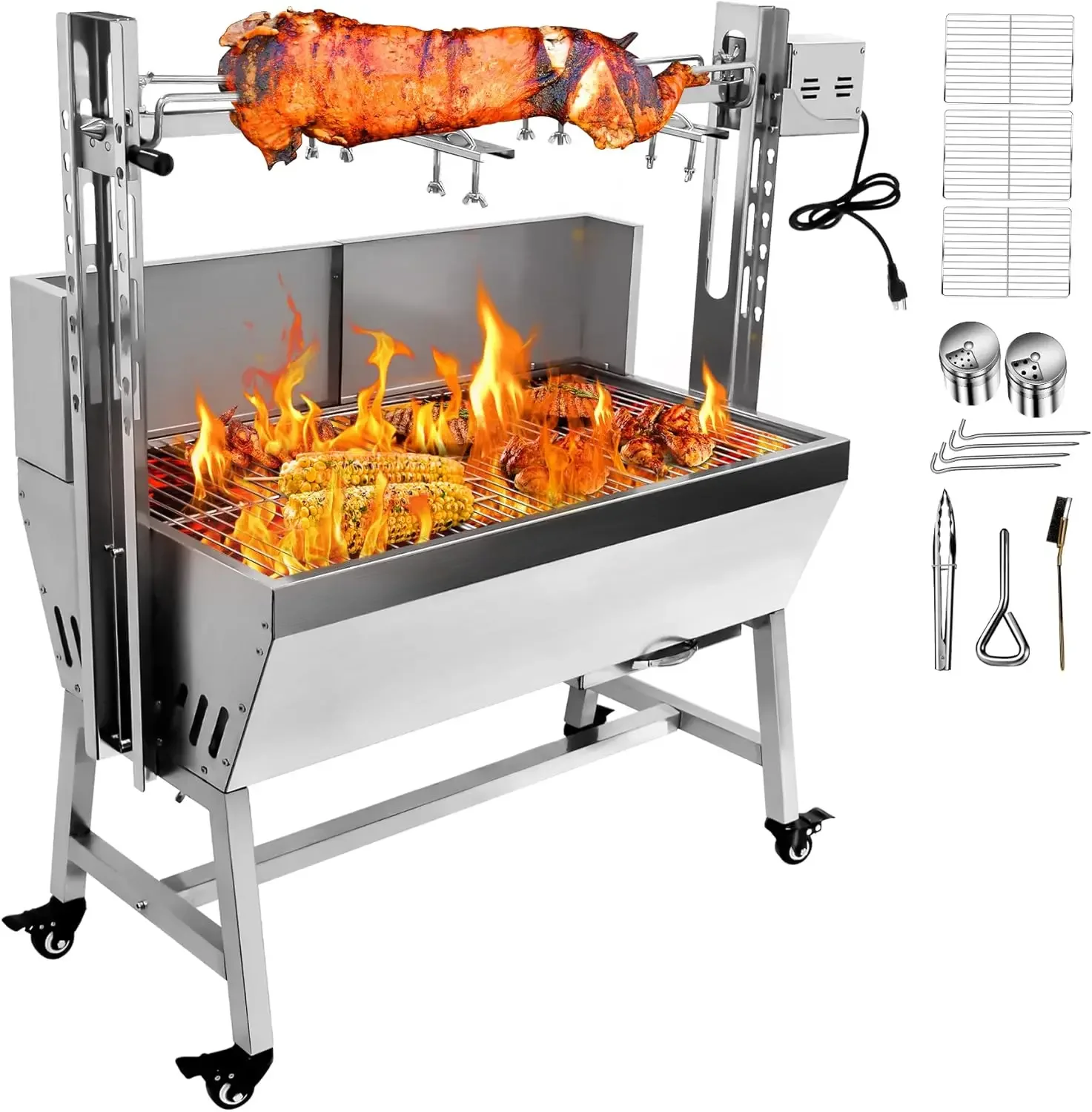 Rotisserie Grill with Back Cover Guard, 25W Motor Small Pig Lamb Roaster, 37'' 2 in 1 BBQ Charcoal Rotisserie Grill for Camping