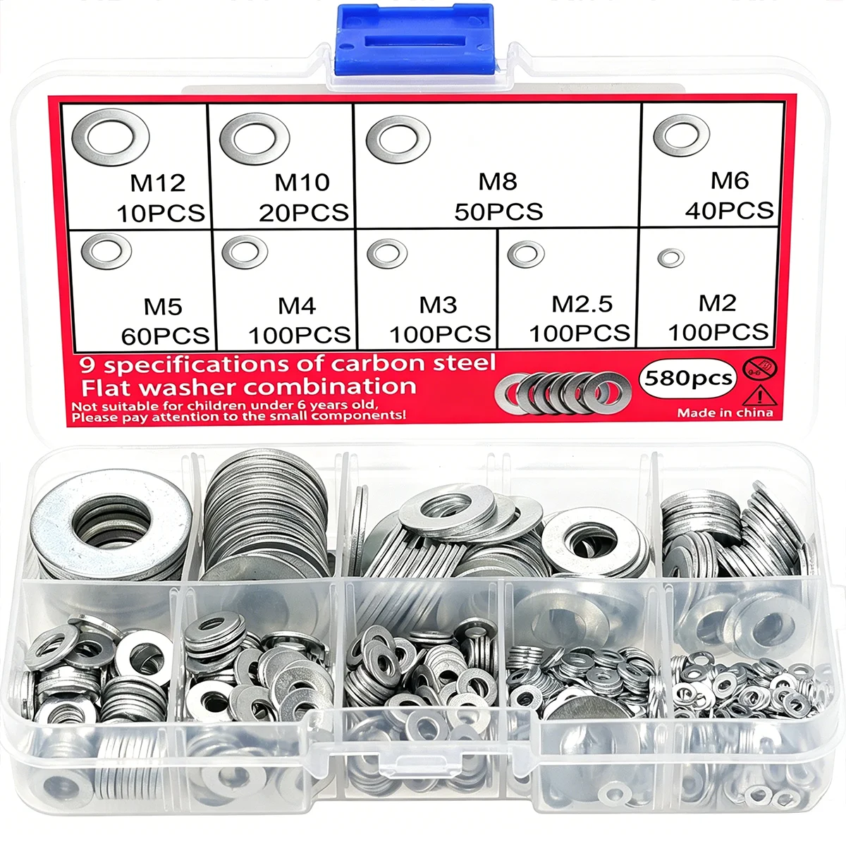 580Pcs Flat Washer Set, Including Metal Flat Washers in Sizes M2-M12 and hardware Fastening Washers, with Plastic Storage Box