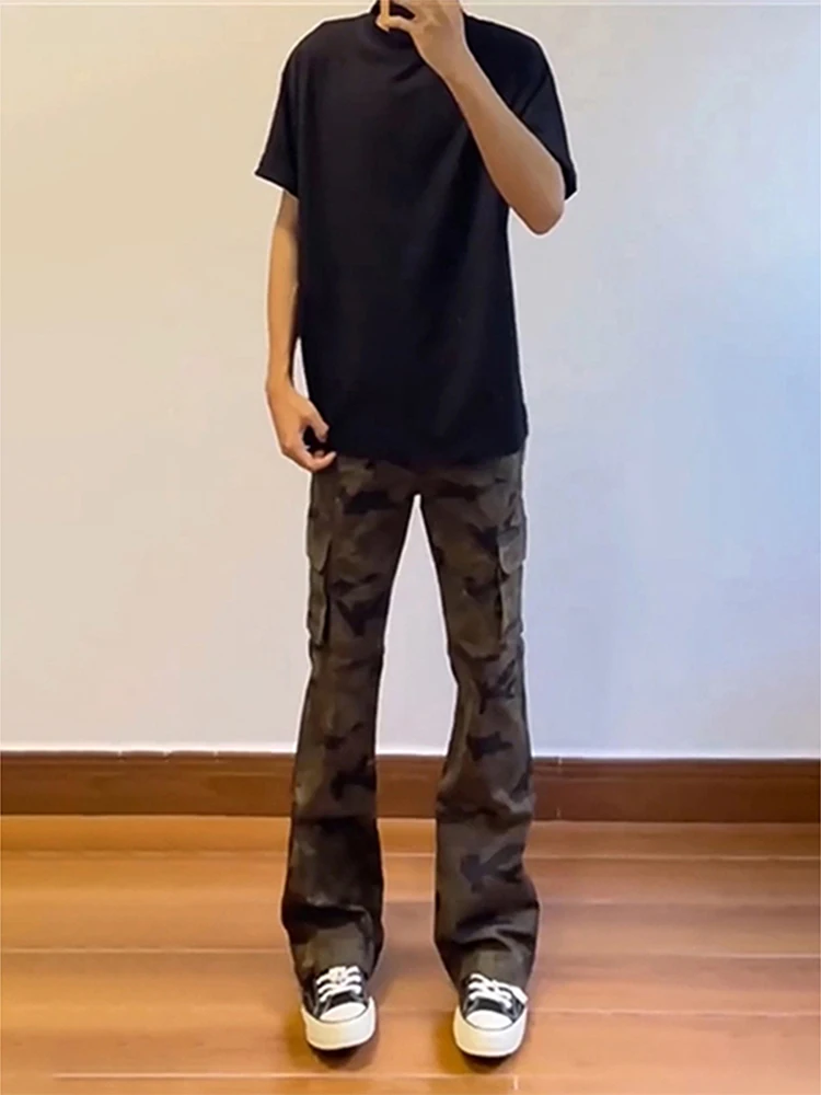 American Workwear Camouflage Jeans Men's Spring Autumn Vintage Loose Straight Leggings Not Tight Micro Flared Pants