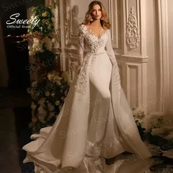Graceful Detachable Train Wedding Dress Satin With Embroidery Mermaid Bride Dress Full Sleeve O-Neck Customized Vestido De Novia