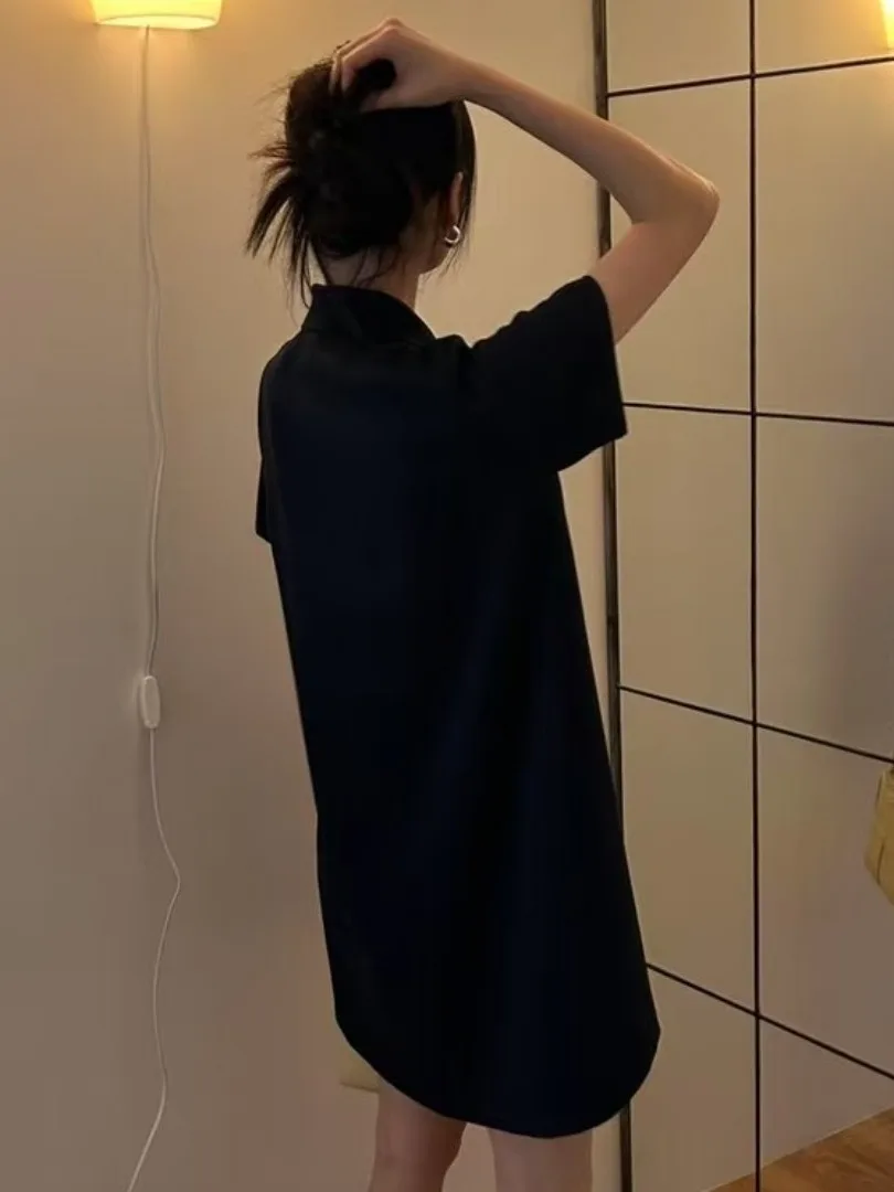 우아한 회색 폴로 넥 짧은 소매 드레스 여성 여름 새 스타일 빈티지 폴카 도트 미니 드레스 세련되고 세련된